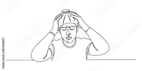 Continuous one line of a person resting with an ice pack on the forehead, representing fever and relief, drawn vector illustration.