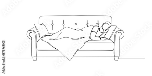 Continuous one line of a person lying on a sofa with a blanket, symbolizing rest and recuperation, drawn vector illustration.