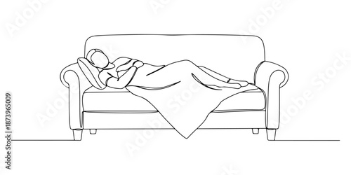 Continuous one line of a person lying on a sofa with a blanket, symbolizing rest and recuperation, drawn vector illustration.