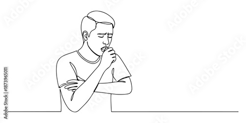 Continuous one line of a person coughing into their elbow, representing respiratory illness and etiquette, drawn vector illustration.