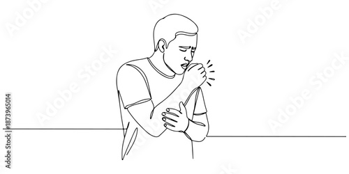 Continuous one line of a person coughing into their elbow, representing respiratory illness and etiquette, drawn vector illustration.