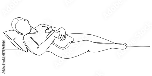 Continuous one line of a person resting with a hot water bottle on the stomach, symbolizing comfort and recovery, drawn vector illustration.