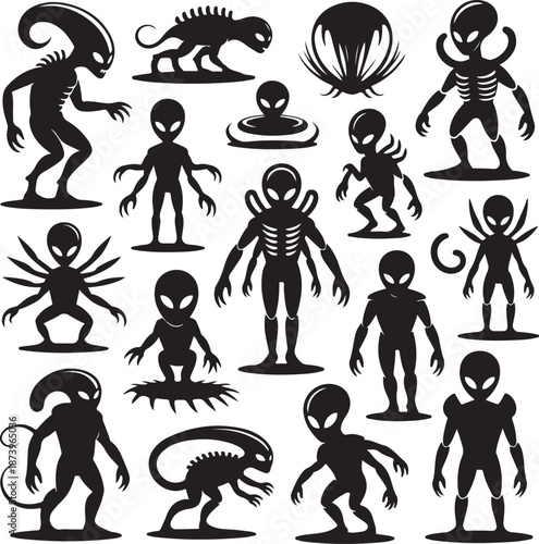 Black silhouettes of various alien creatures and monsters