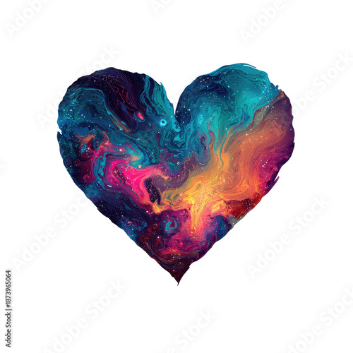 Heart-shaped image filled with vibrant, swirling nebula colors, against a stark black background