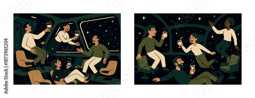Diverse group enjoying drinks and floating in spaceship cabin