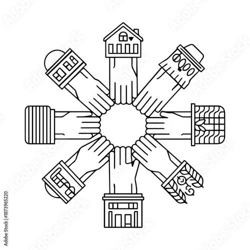 Community Hand-in-Hand: A conceptual graphic of diverse hands interlocked with small houses, representing unity, support, and the strength of communal bonds. 