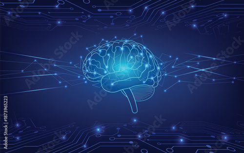 Glowing digital brain with neural network connections on a blue technology background, symbolizing artificial intelligence, data processing, innovation, and futuristic computing.