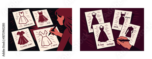 Fashion design sketches highlighting dress styles and features