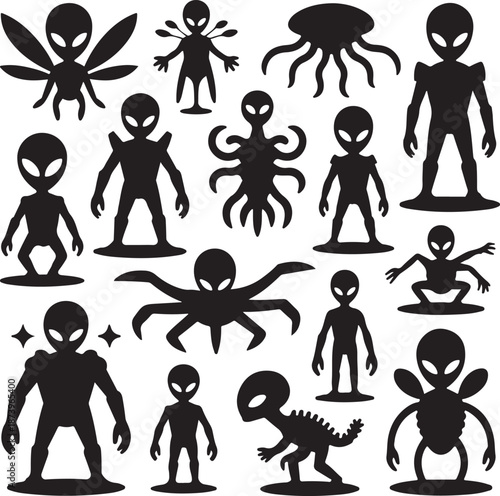 Black silhouettes of various alien creatures and monsters