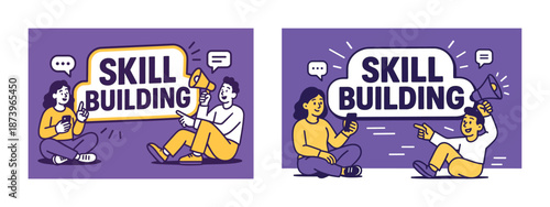 Young adults engaging in skill building activities with megaphone and smartphone