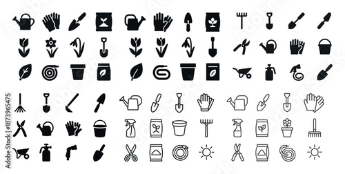 Garden tool icons set: shovel, plant, pot, gloves, watering can, rake, bucket