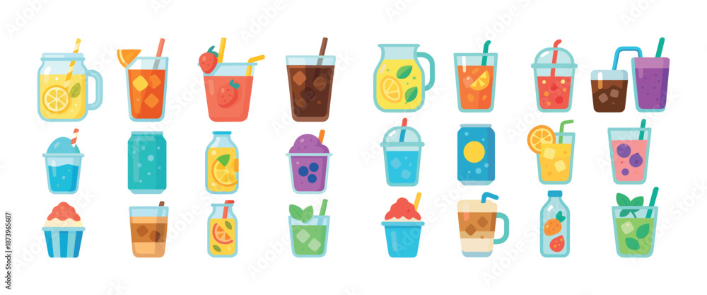 Fototapeta premium Assorted colorful drinks and beverages icons set