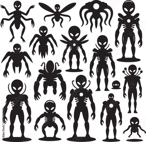 black silhouettes of various alien creatures and monsters