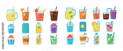 Assorted colorful drinks and beverages icons set