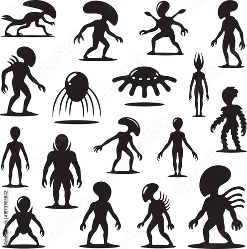 black silhouettes of various alien creatures on white background