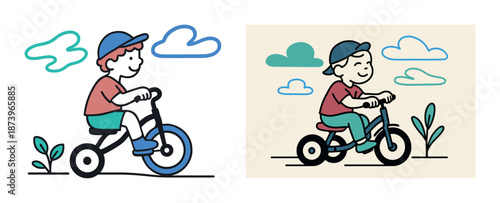Cartoon child riding tricycle outdoors with playful clouds and plants