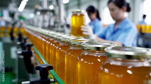 Honey jars on production line in food processing factory