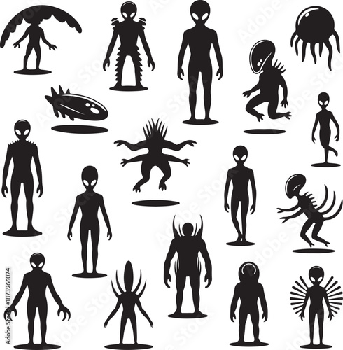 black silhouettes of various aliens and UFOs on white background