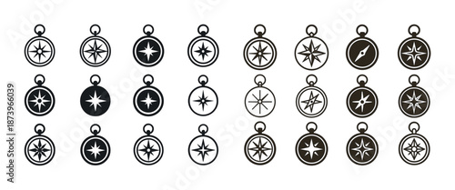 Set of black and white compass icons illustrating various nautical designs