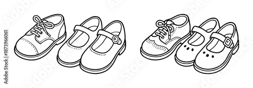Illustration of children's shoes: lace-up and mary jane styles in black and white outline