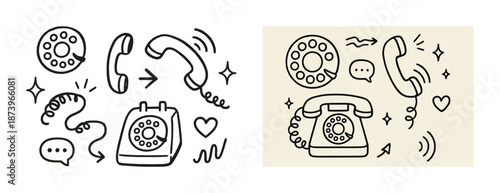 Vintage rotary telephone line art with handset and dial illustrations