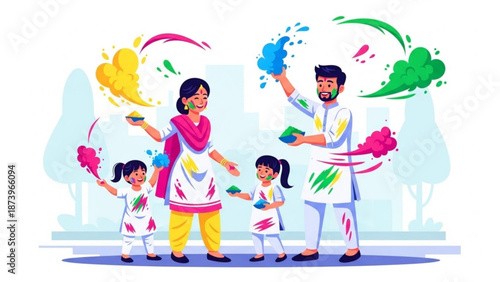 A joyful indian family with two little girls celebrating holi festival with colorful powders with celebration and outdoor and fun and colors