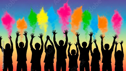 Silhouettes of people celebrating with colorful smoke bombs at sunset or sunrise with vibrant rainbow background with celebration and party and festival