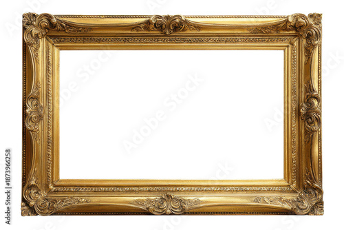 An ornate gold picture frame on a black background