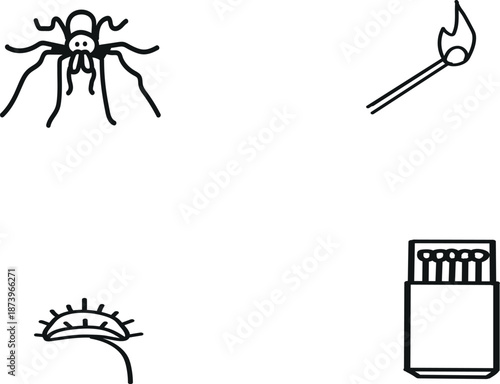 A spider a match a sun and a matchbox in simple line art style