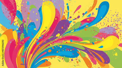 Vibrant colorful paint splashes in shades of blue pink purple green and yellow on a bright yellow background with abstract and design and art