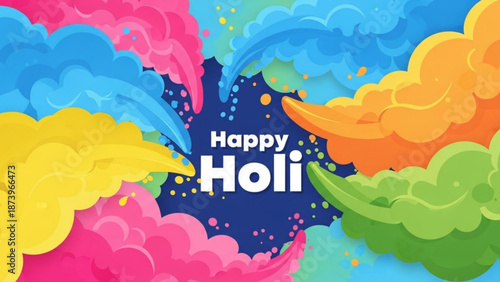 Vibrant colorful holi celebration background with happy holi text in white on dark blue splatter surrounded by multicolored clouds and splashes
