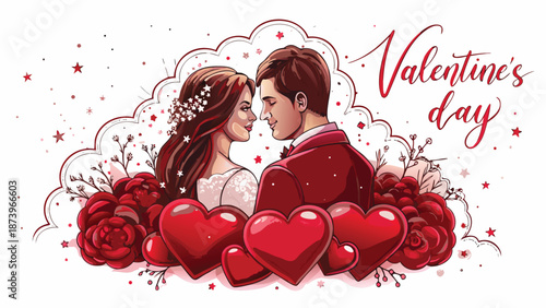 Loving couple faces embracing valentine's day with hearts and roses on white background
