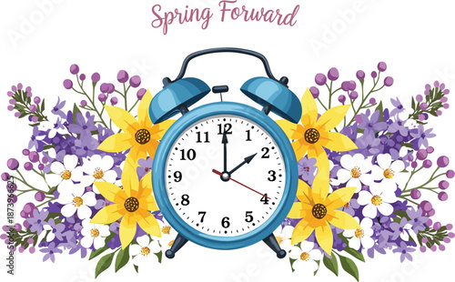 Detailed vector illustration of a blue alarm clock surrounded by a lush arrangement of spring flowers for Daylight Saving.