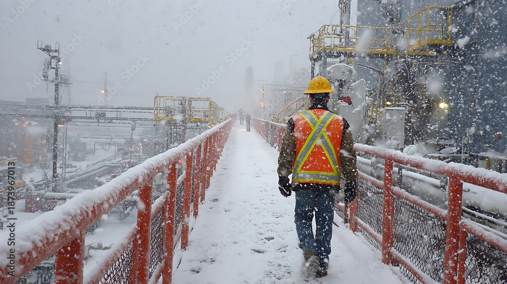 Fototapeta premium Worker walks on snowy walkway, industrial setting, cold weather, safety gear, winter scene