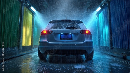rear view of silver hatchback in automatic car wash with lime-green and blue brushes, wet pavement reflections and fine spray