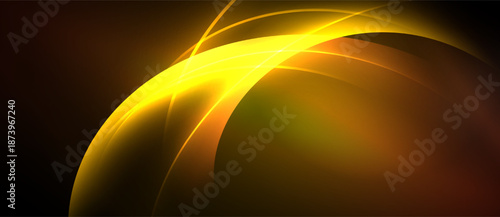 Abstract golden curves, dynamic light effects. Dark background emphasizes bright shapes, creating modern visual impact.