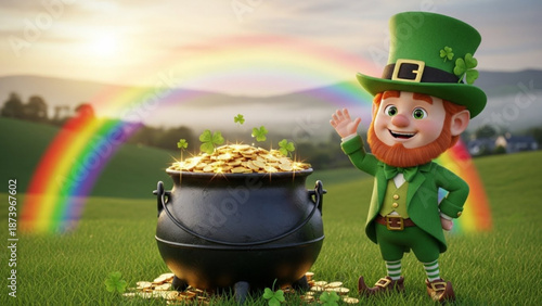 A cheerful leprechaun in a green suit and hat waves beside a large pot of gold coins under a vibrant rainbow in a lush green landscape at sunset