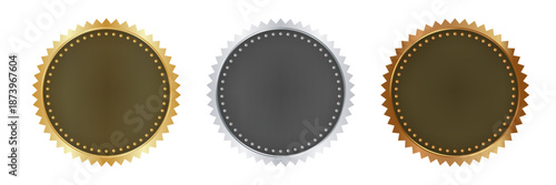 Gold, Silver and Bronze Luxury Seal Stamps Set, Premium Metallic Round Badges and Emblems Isolated, Elegant Certification and Quality Award Vector Design Elements