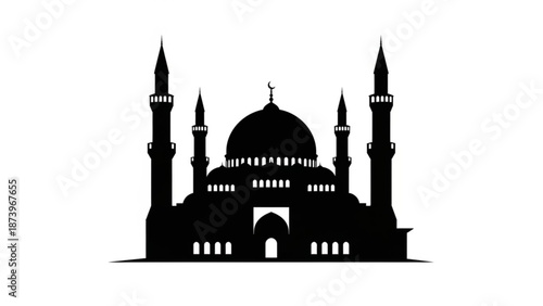 A large mosque with four minarets and a dome on a white background in black silhouette with a crescent moon on top with islamic and architecture