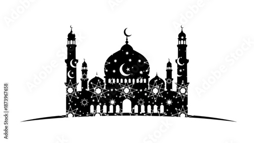 A serene black silhouette of a mosque with crescent moons and stars on a white background symbolizing islamic architecture and ramadan celebrations