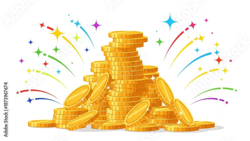 A large pile of gold coins with colorful sparkles and stars on a white background symbolizing wealth and success with prosperity and financial success