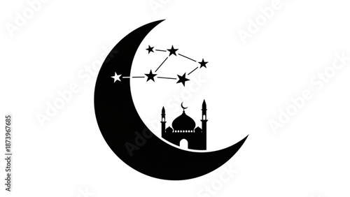 A serene black silhouette of a crescent moon with stars and a mosque with islam and faith and spirituality and peaceful and night sky and religion