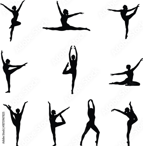Ballet dancer silhouette pose collection illustration, graceful female dance movements balance flexibility, black shapes isolated on white background