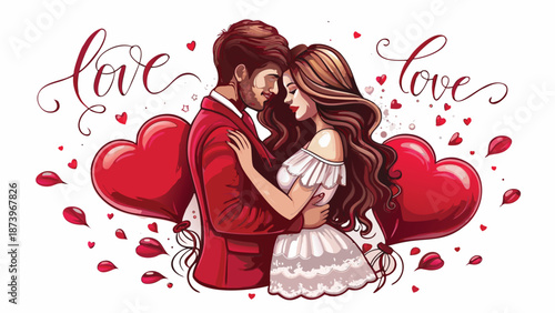 Loving couple embracing with hearts and love text on valentine's day background