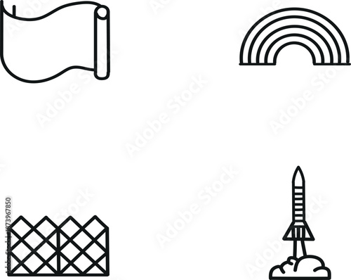A black and white line drawing of a flag rainbow fence and rocket ship