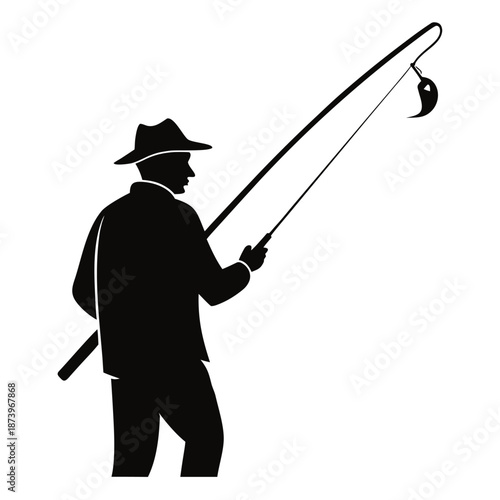 Silhouette of a fisherman casting his line with a lure