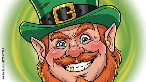 Cheerful cartoon leprechaun character with green hat and red beard illustration with St Patricks Day and Irish folklore and clipart and graphic design