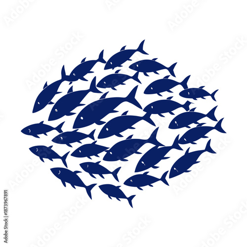 A school of blue fish swims together in a unified formation
