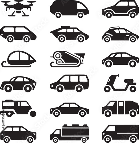black silhouettes of various vehicles and a drone on white background