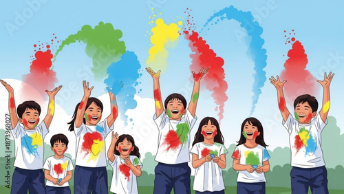 A group of cheerful children celebrating with colorful smoke bombs on a sunny day outdoors in a fun and playful environment with celebration